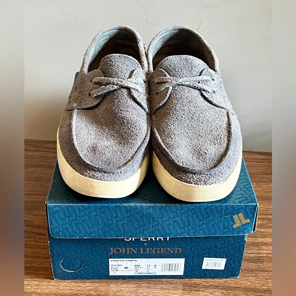 John Legend for Sperry Grey Suede Boat Shoes in Gunmetal, Size 13